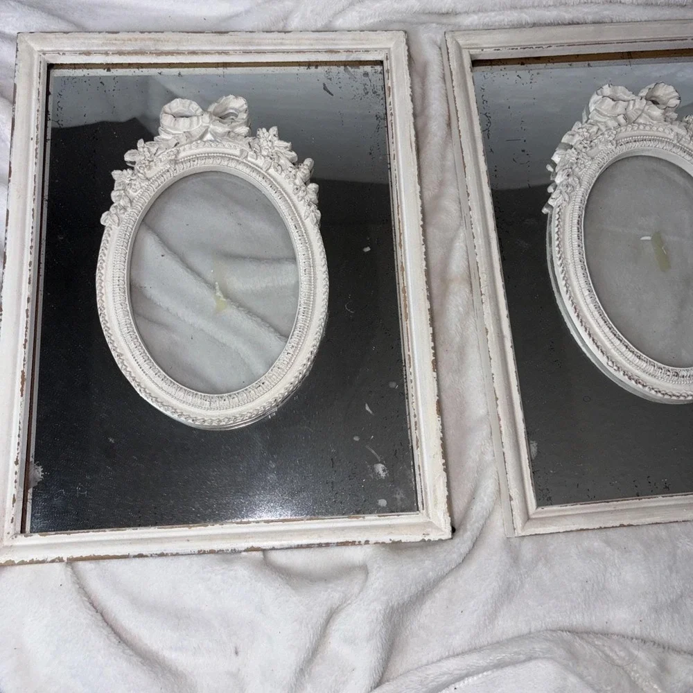 Vintage 70 Shabby Chic Mirror‎ Frame Pair French Country Oval Ribbon Aged Patina